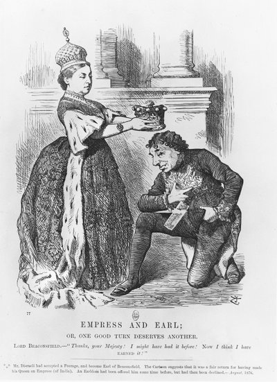 Disraeli Given a Peerage by Queen Victoria in 1876 by John Tenniel